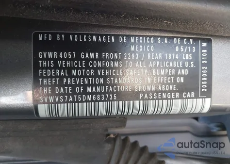 2013 Volkswagen Beetle 2.0T Turbo из США, поврежденный, VIN 3VWVS7AT5DM683735